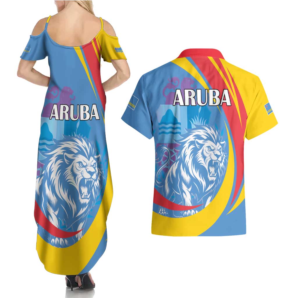 Aruba Lion Roaring Couples Matching Summer Maxi Dress and Hawaiian Shirt With Coat Of Arms - Wonder Print Shop