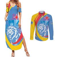 Aruba Lion Roaring Couples Matching Summer Maxi Dress and Long Sleeve Button Shirt With Coat Of Arms - Wonder Print Shop