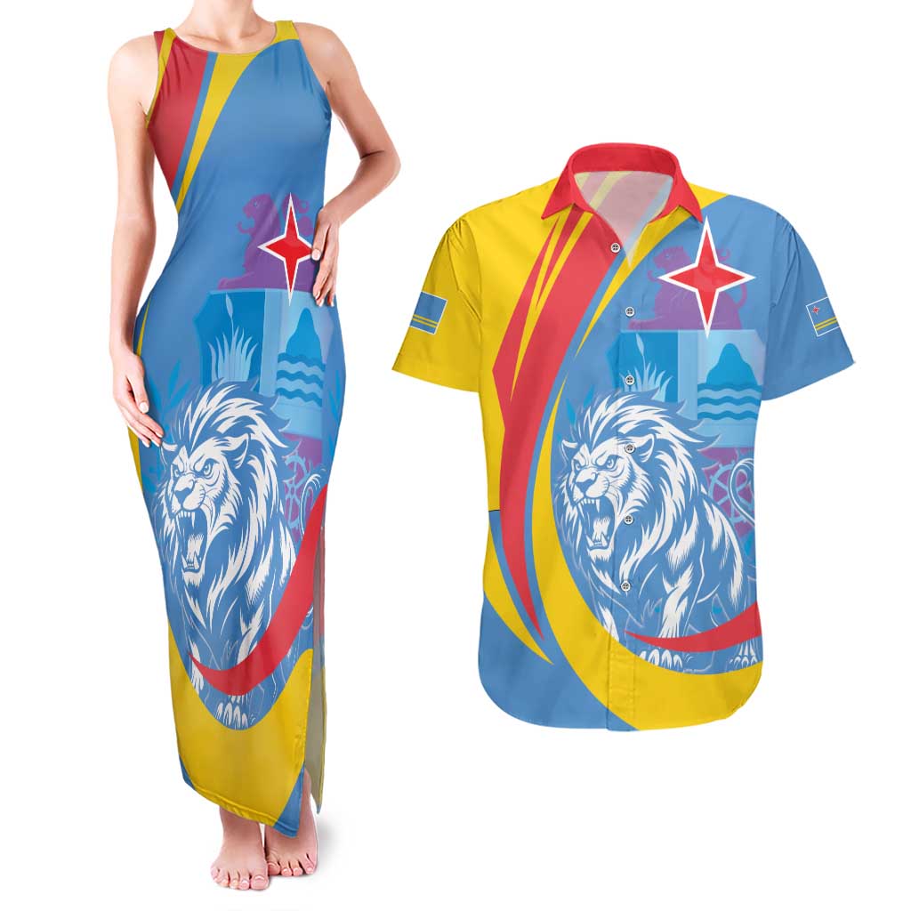Aruba Lion Roaring Couples Matching Tank Maxi Dress and Hawaiian Shirt With Coat Of Arms - Wonder Print Shop