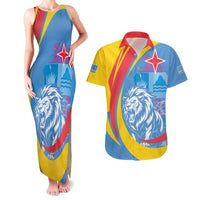 Aruba Lion Roaring Couples Matching Tank Maxi Dress and Hawaiian Shirt With Coat Of Arms - Wonder Print Shop