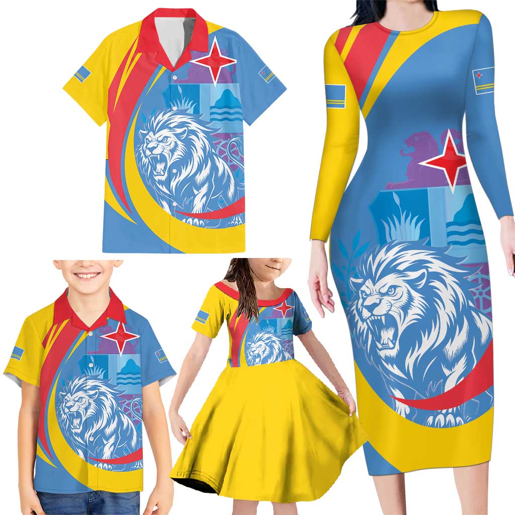 Aruba Lion Roaring Family Matching Long Sleeve Bodycon Dress and Hawaiian Shirt With Coat Of Arms - Wonder Print Shop