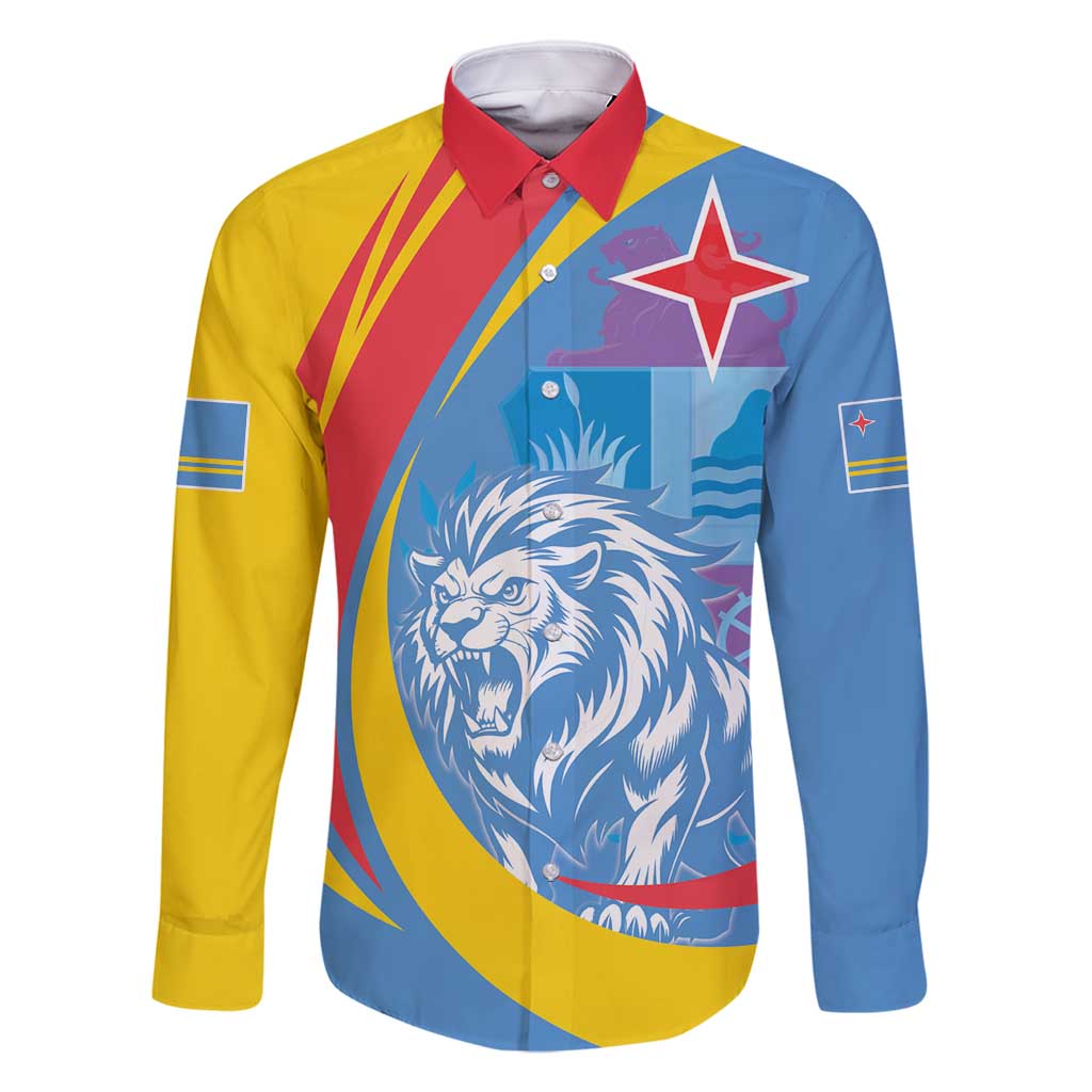 Aruba Lion Roaring Family Matching Long Sleeve Bodycon Dress and Hawaiian Shirt With Coat Of Arms - Wonder Print Shop