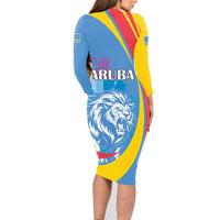 Aruba Lion Roaring Family Matching Long Sleeve Bodycon Dress and Hawaiian Shirt With Coat Of Arms - Wonder Print Shop