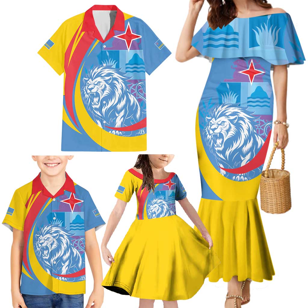 Aruba Lion Roaring Family Matching Mermaid Dress and Hawaiian Shirt With Coat Of Arms - Wonder Print Shop