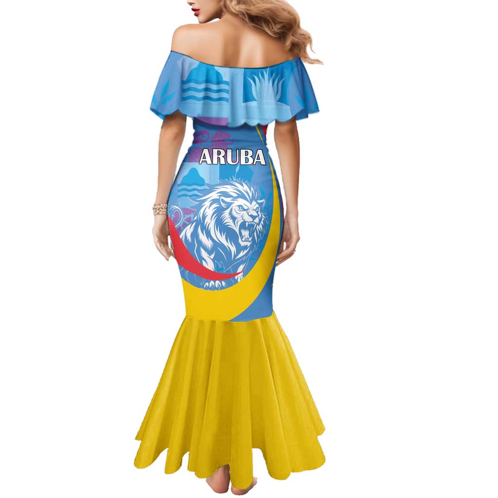 Aruba Lion Roaring Family Matching Mermaid Dress and Hawaiian Shirt With Coat Of Arms - Wonder Print Shop