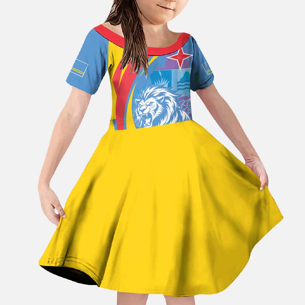 Aruba Lion Roaring Family Matching Off Shoulder Maxi Dress and Hawaiian Shirt With Coat Of Arms - Wonder Print Shop