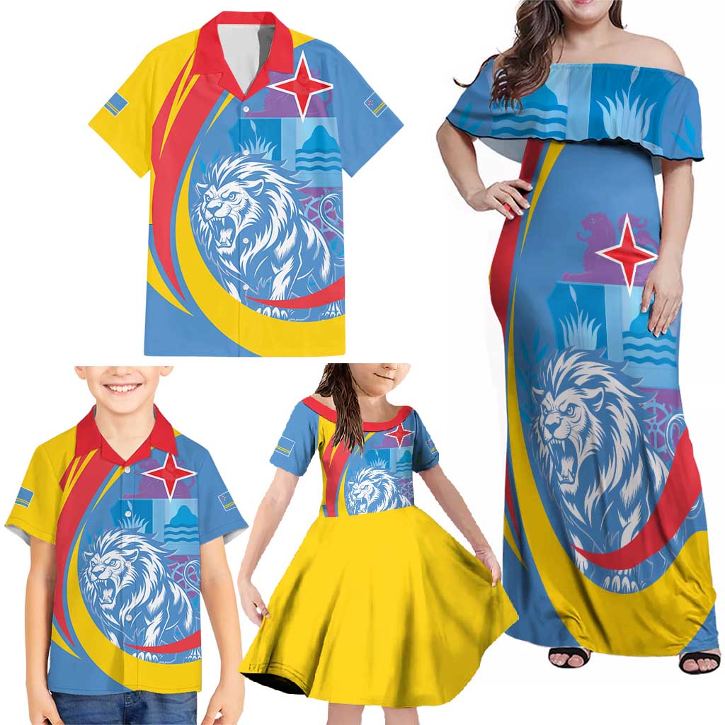 Aruba Lion Roaring Family Matching Off Shoulder Maxi Dress and Hawaiian Shirt With Coat Of Arms - Wonder Print Shop