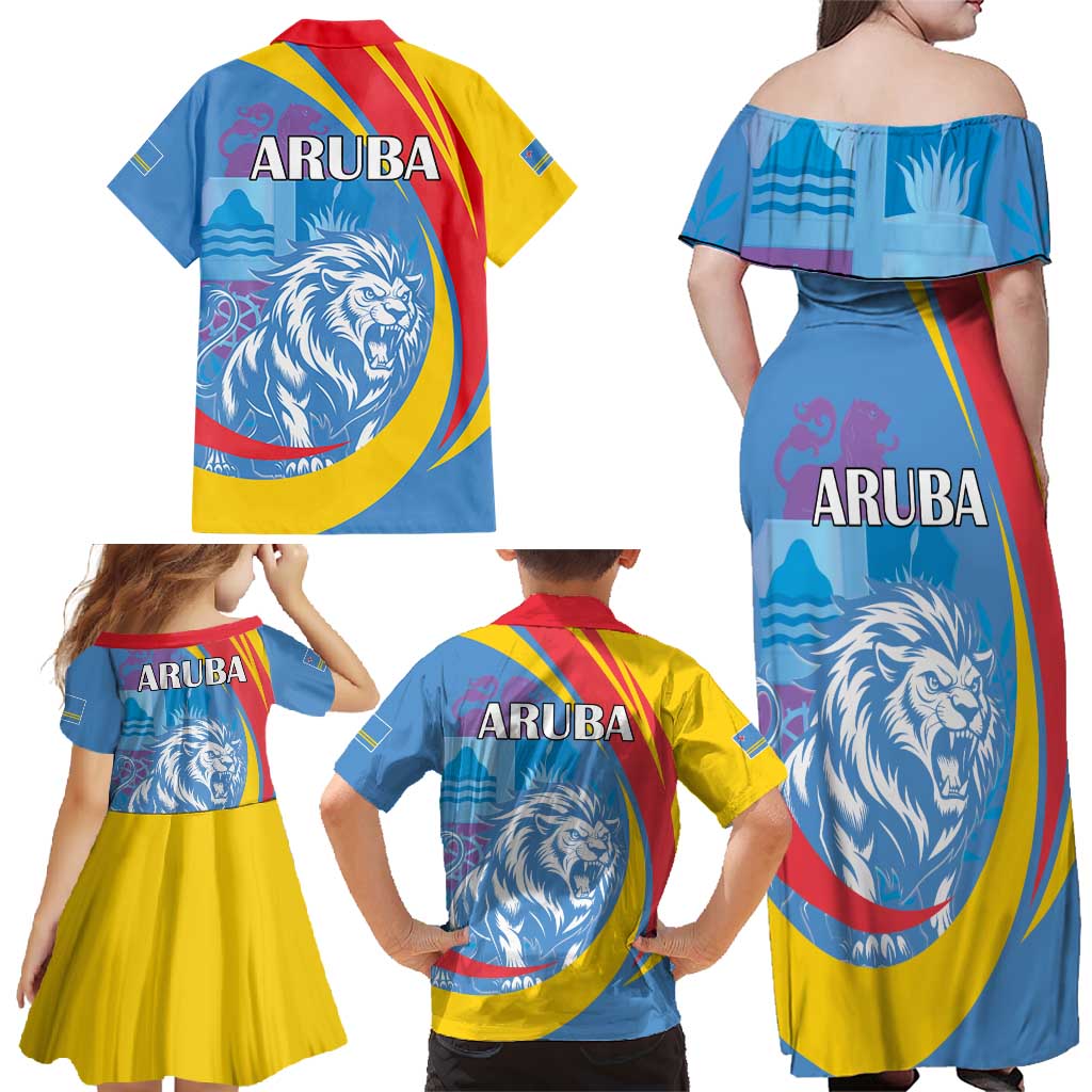 Aruba Lion Roaring Family Matching Off Shoulder Maxi Dress and Hawaiian Shirt With Coat Of Arms - Wonder Print Shop