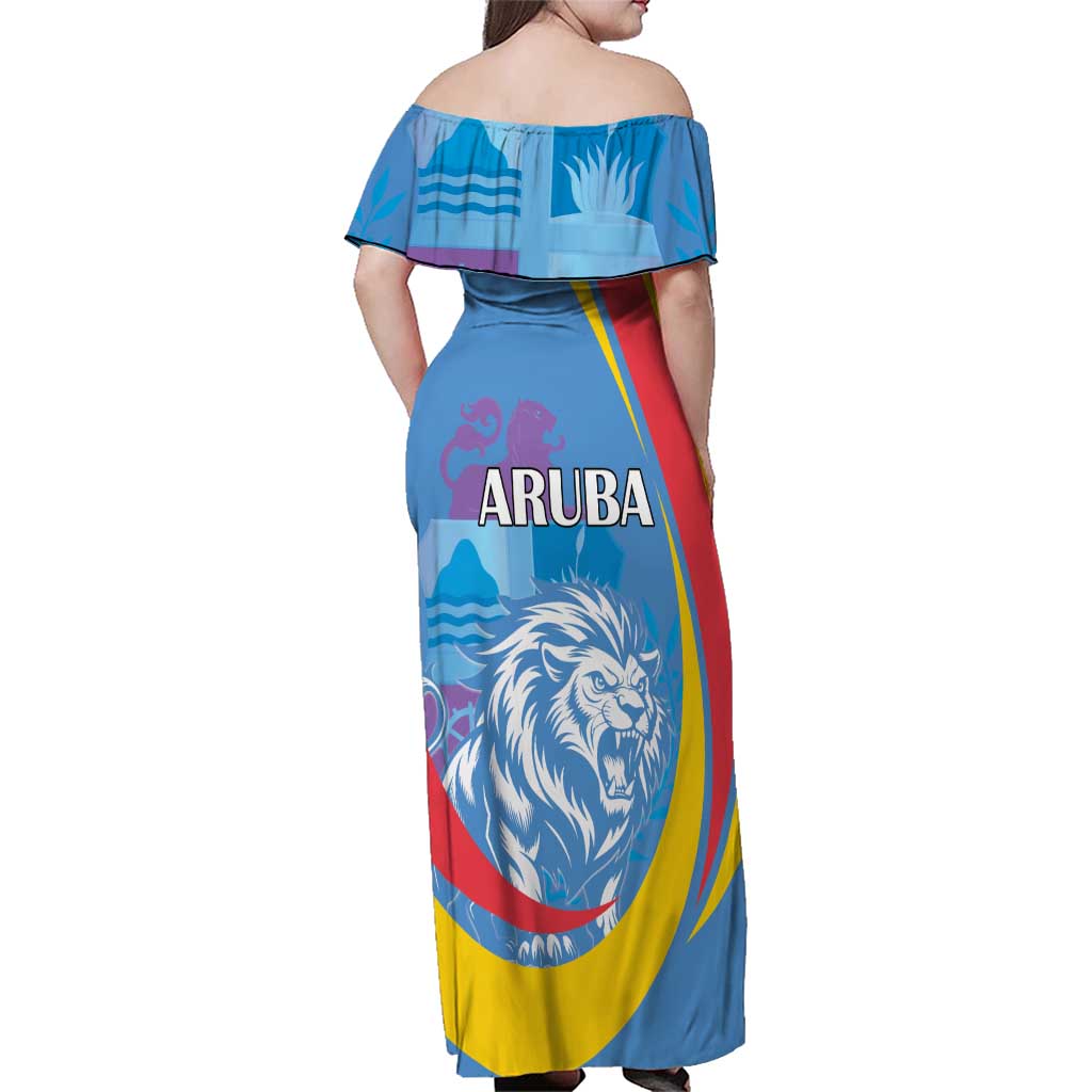 Aruba Lion Roaring Family Matching Off Shoulder Maxi Dress and Hawaiian Shirt With Coat Of Arms - Wonder Print Shop