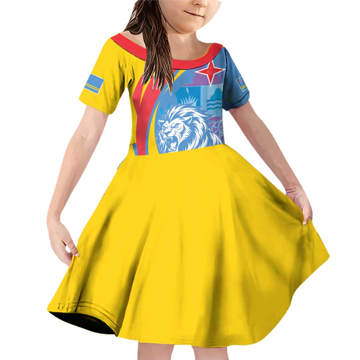 Aruba Lion Roaring Family Matching Off Shoulder Short Dress and Hawaiian Shirt With Coat Of Arms - Wonder Print Shop