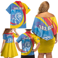 Aruba Lion Roaring Family Matching Off Shoulder Short Dress and Hawaiian Shirt With Coat Of Arms - Wonder Print Shop
