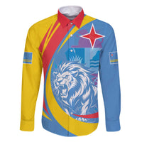 Aruba Lion Roaring Family Matching Off Shoulder Short Dress and Hawaiian Shirt With Coat Of Arms - Wonder Print Shop