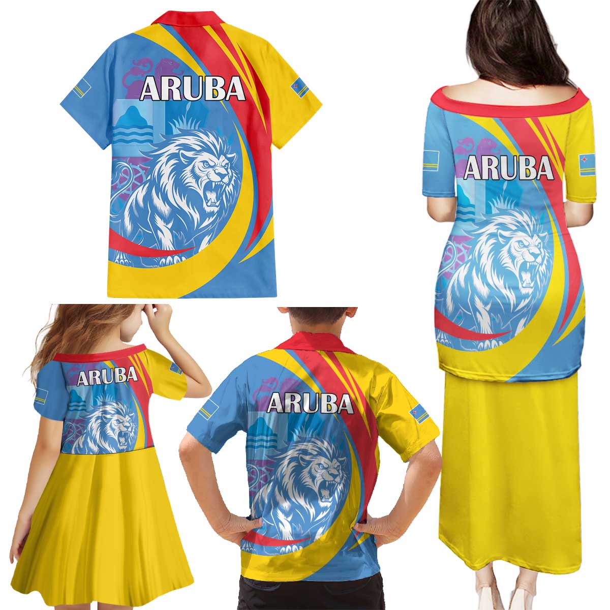 Aruba Lion Roaring Family Matching Puletasi and Hawaiian Shirt With Coat Of Arms - Wonder Print Shop
