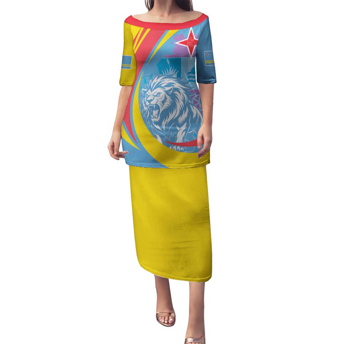 Aruba Lion Roaring Family Matching Puletasi and Hawaiian Shirt With Coat Of Arms - Wonder Print Shop