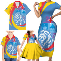 Aruba Lion Roaring Family Matching Short Sleeve Bodycon Dress and Hawaiian Shirt With Coat Of Arms - Wonder Print Shop