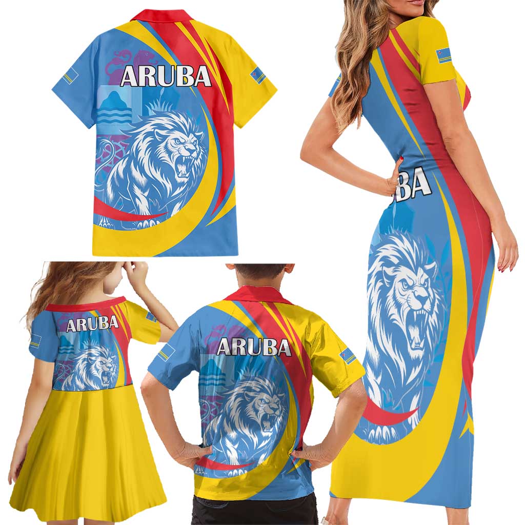 Aruba Lion Roaring Family Matching Short Sleeve Bodycon Dress and Hawaiian Shirt With Coat Of Arms - Wonder Print Shop