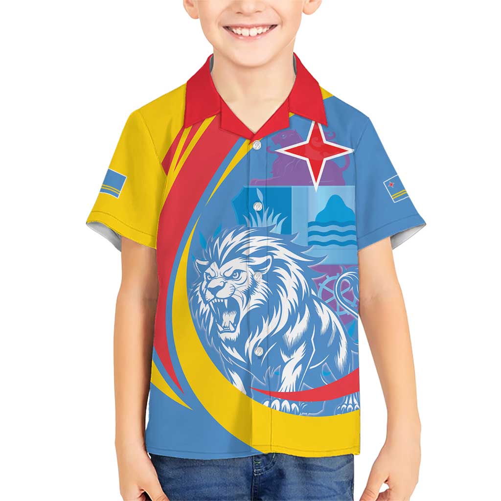 Aruba Lion Roaring Family Matching Short Sleeve Bodycon Dress and Hawaiian Shirt With Coat Of Arms - Wonder Print Shop