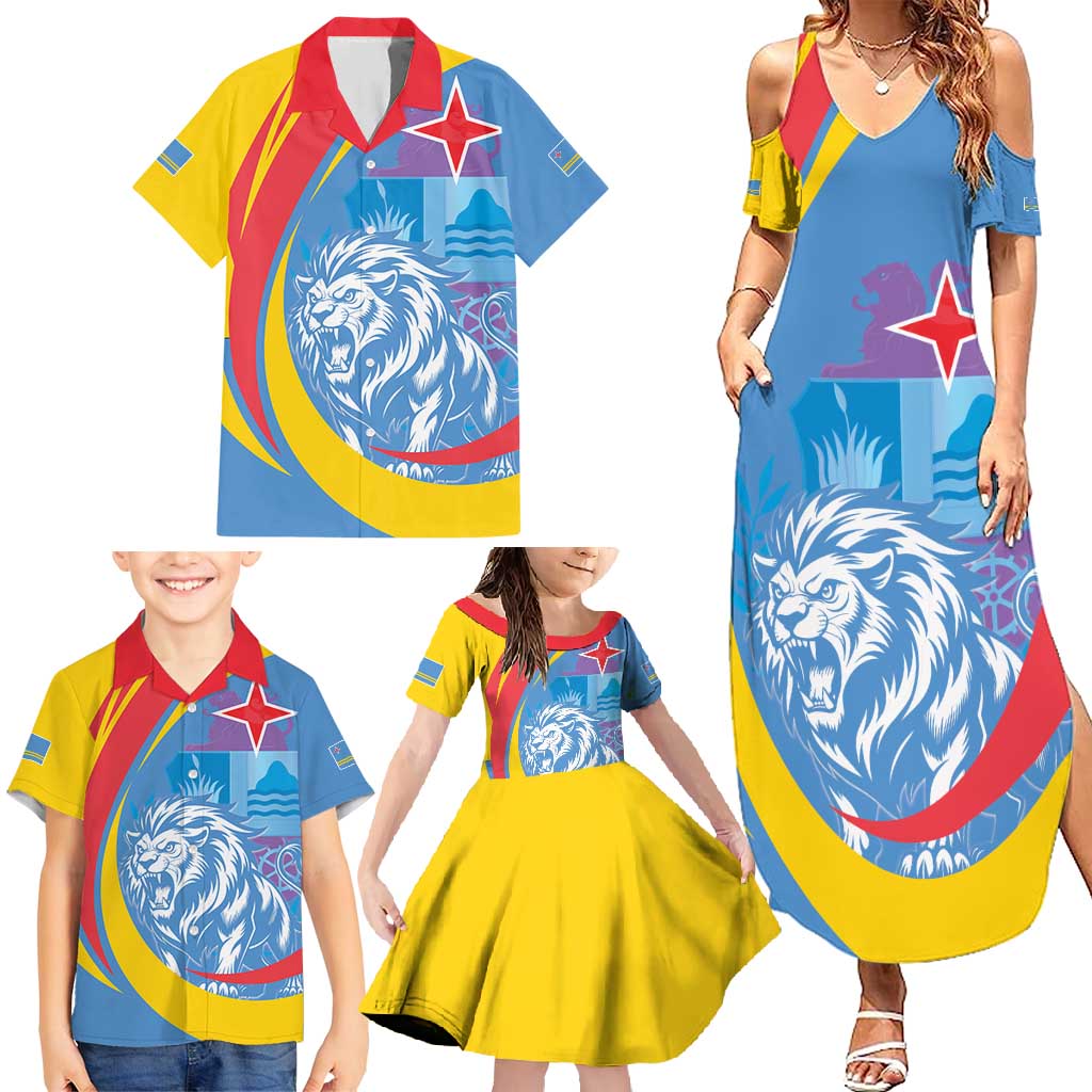 Aruba Lion Roaring Family Matching Summer Maxi Dress and Hawaiian Shirt With Coat Of Arms - Wonder Print Shop