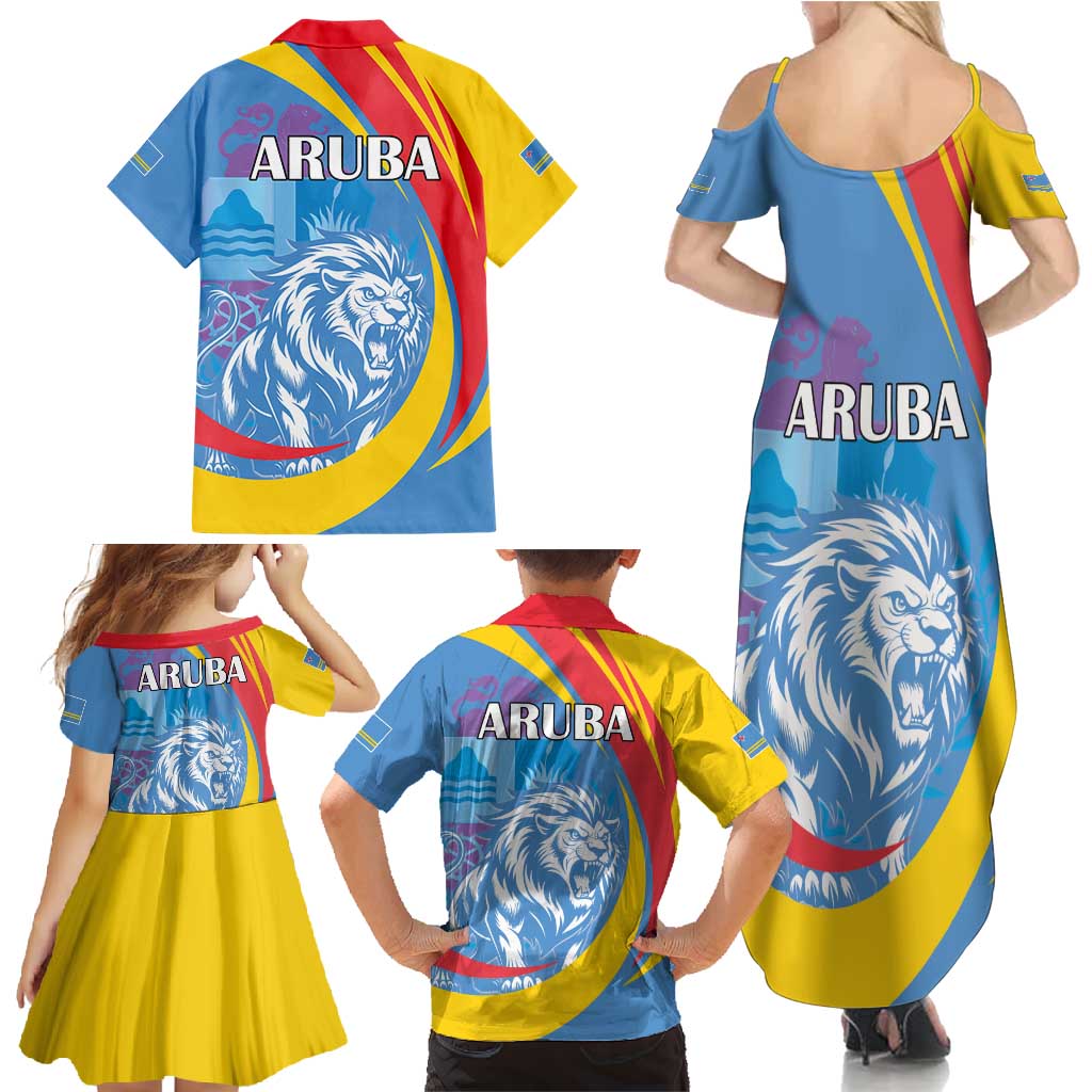 Aruba Lion Roaring Family Matching Summer Maxi Dress and Hawaiian Shirt With Coat Of Arms - Wonder Print Shop