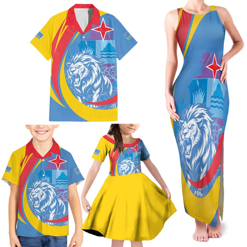 Aruba Lion Roaring Family Matching Tank Maxi Dress and Hawaiian Shirt With Coat Of Arms - Wonder Print Shop
