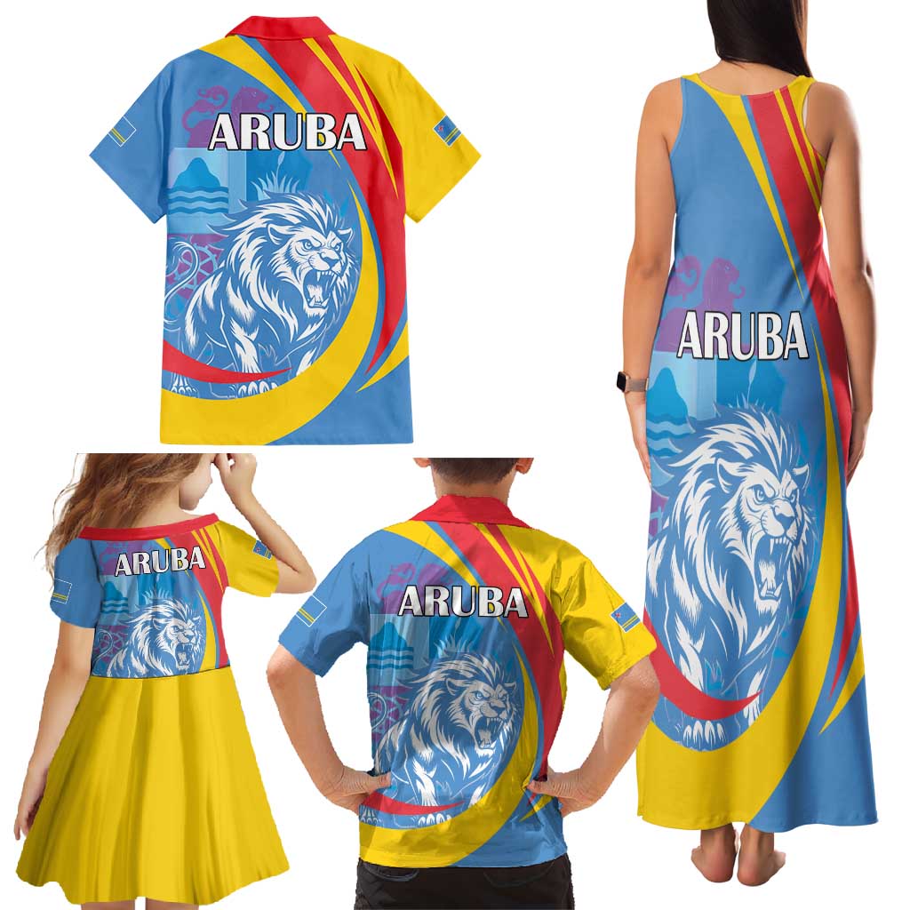 Aruba Lion Roaring Family Matching Tank Maxi Dress and Hawaiian Shirt With Coat Of Arms - Wonder Print Shop
