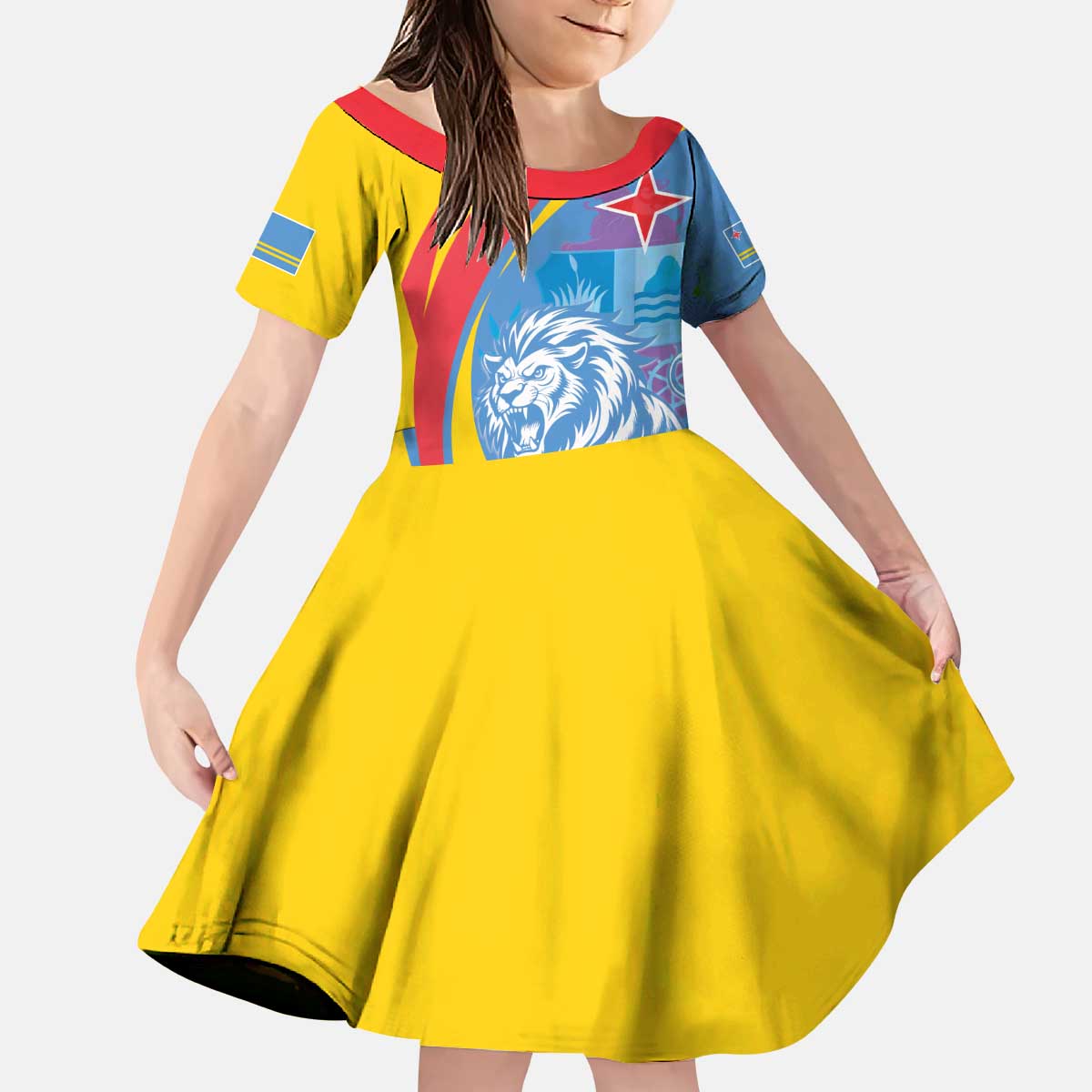 Aruba Lion Roaring Kid Short Sleeve Dress With Coat Of Arms - Wonder Print Shop