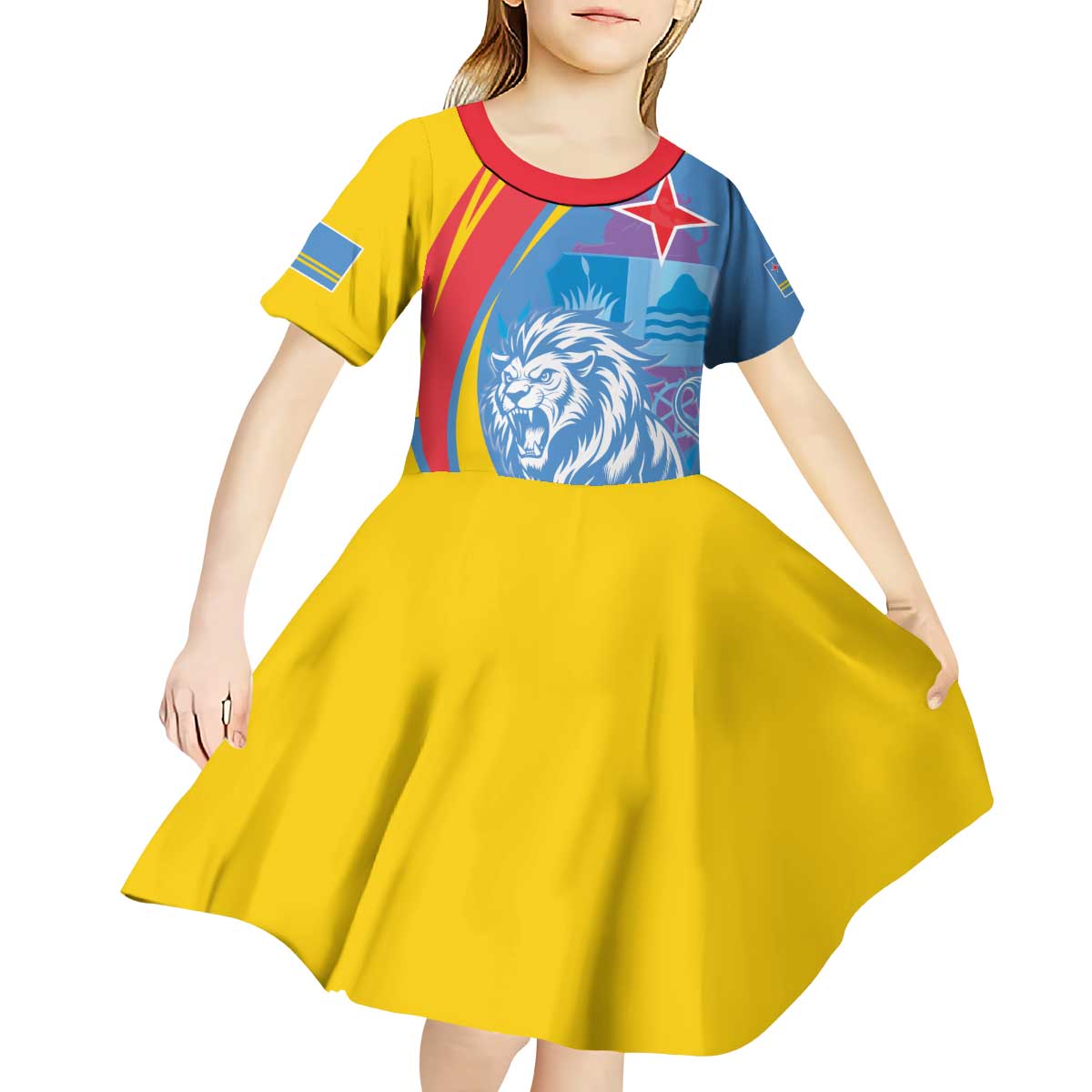 Aruba Lion Roaring Kid Short Sleeve Dress With Coat Of Arms - Wonder Print Shop