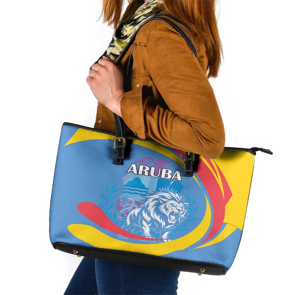Aruba Lion Roaring Leather Tote Bag With Coat Of Arms - Wonder Print Shop