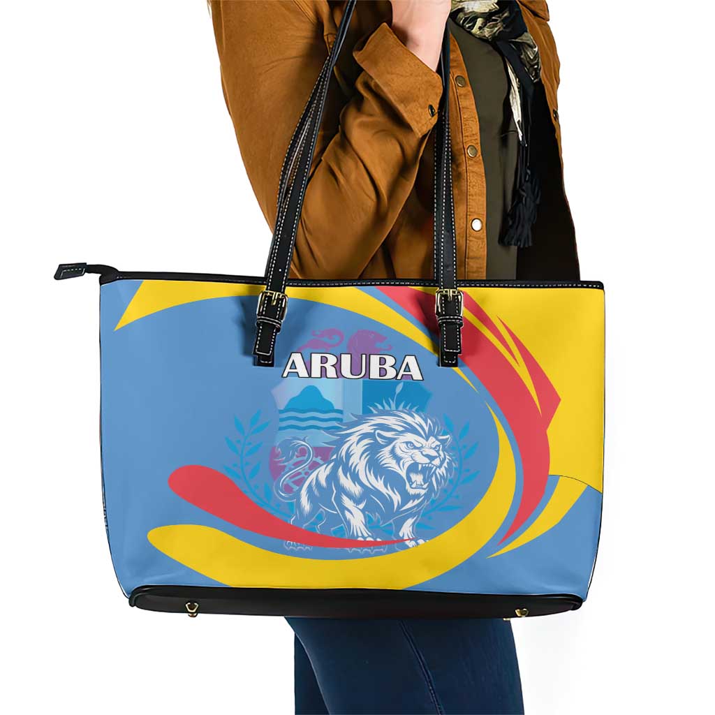 Aruba Lion Roaring Leather Tote Bag With Coat Of Arms - Wonder Print Shop