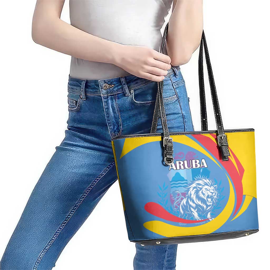 Aruba Lion Roaring Leather Tote Bag With Coat Of Arms - Wonder Print Shop