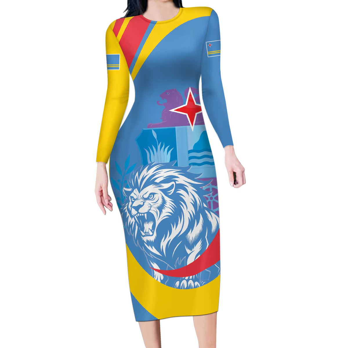 Aruba Lion Roaring Long Sleeve Bodycon Dress With Coat Of Arms - Wonder Print Shop