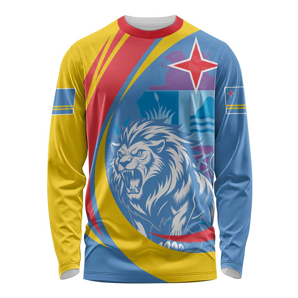 Aruba Lion Roaring Long Sleeve Shirt With Coat Of Arms - Wonder Print Shop