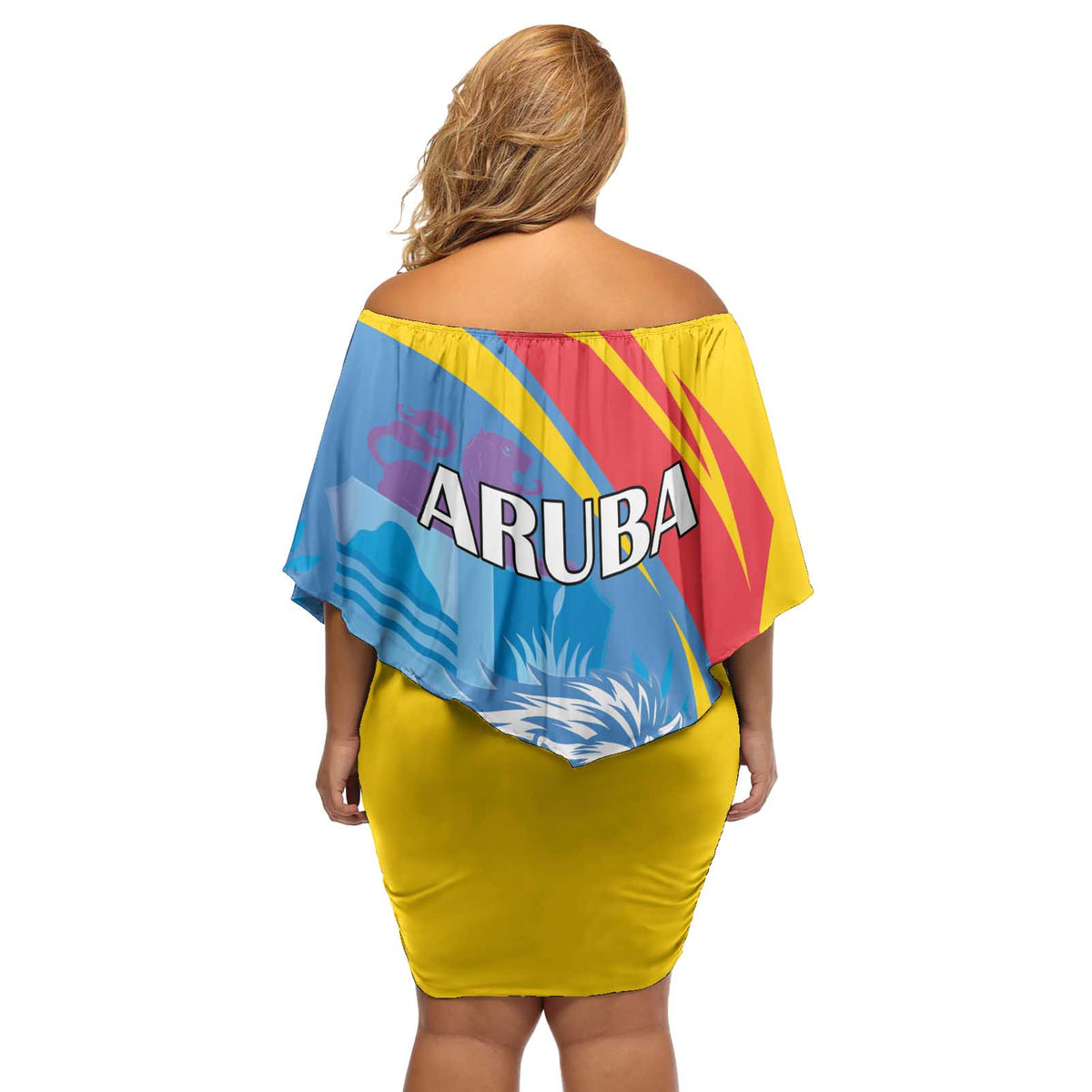 Aruba Lion Roaring Off Shoulder Short Dress With Coat Of Arms - Wonder Print Shop
