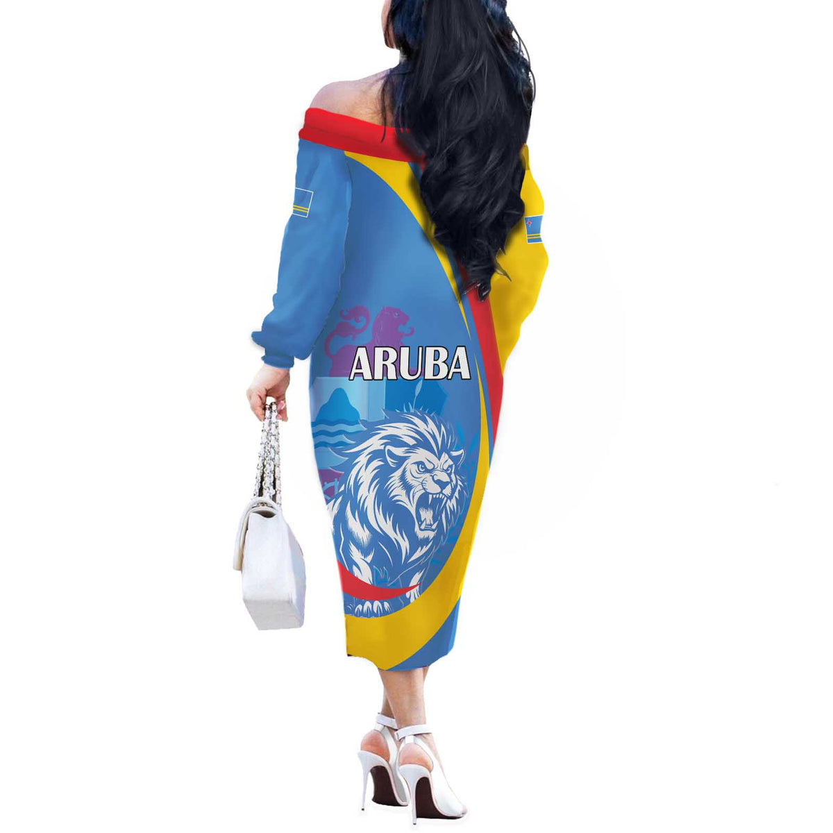 Aruba Lion Roaring Off The Shoulder Long Sleeve Dress With Coat Of Arms - Wonder Print Shop