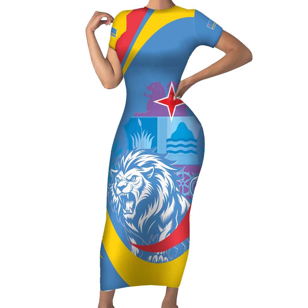 Aruba Lion Roaring Short Sleeve Bodycon Dress With Coat Of Arms - Wonder Print Shop