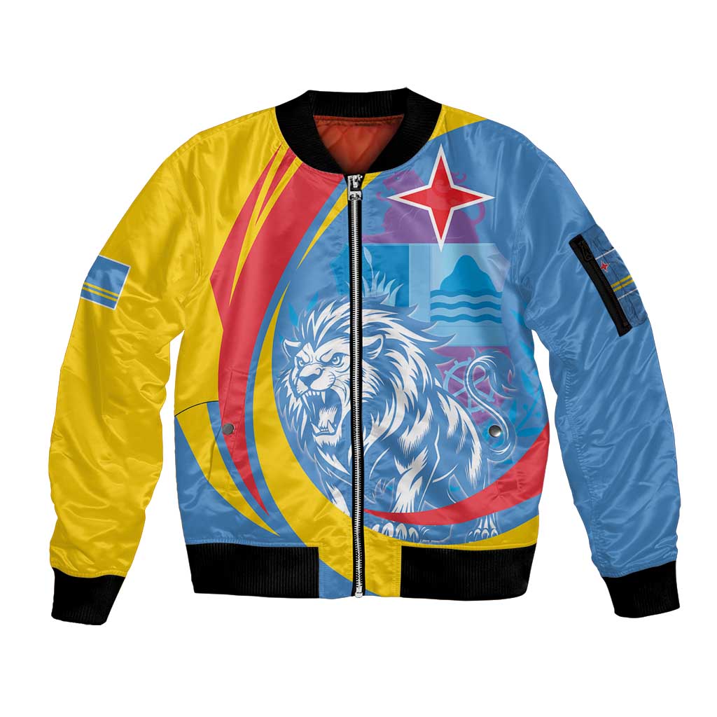 Aruba Lion Roaring Sleeve Zip Bomber Jacket With Coat Of Arms - Wonder Print Shop