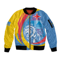Aruba Lion Roaring Sleeve Zip Bomber Jacket With Coat Of Arms - Wonder Print Shop