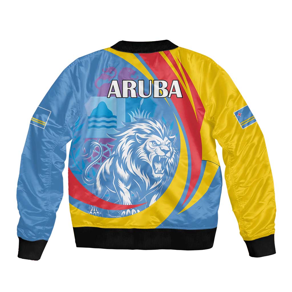 Aruba Lion Roaring Sleeve Zip Bomber Jacket With Coat Of Arms - Wonder Print Shop