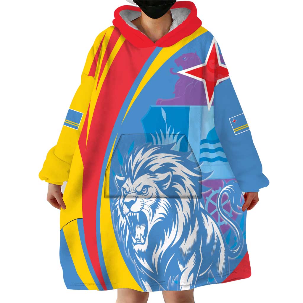 Aruba Lion Roaring Wearable Blanket Hoodie With Coat Of Arms - Wonder Print Shop
