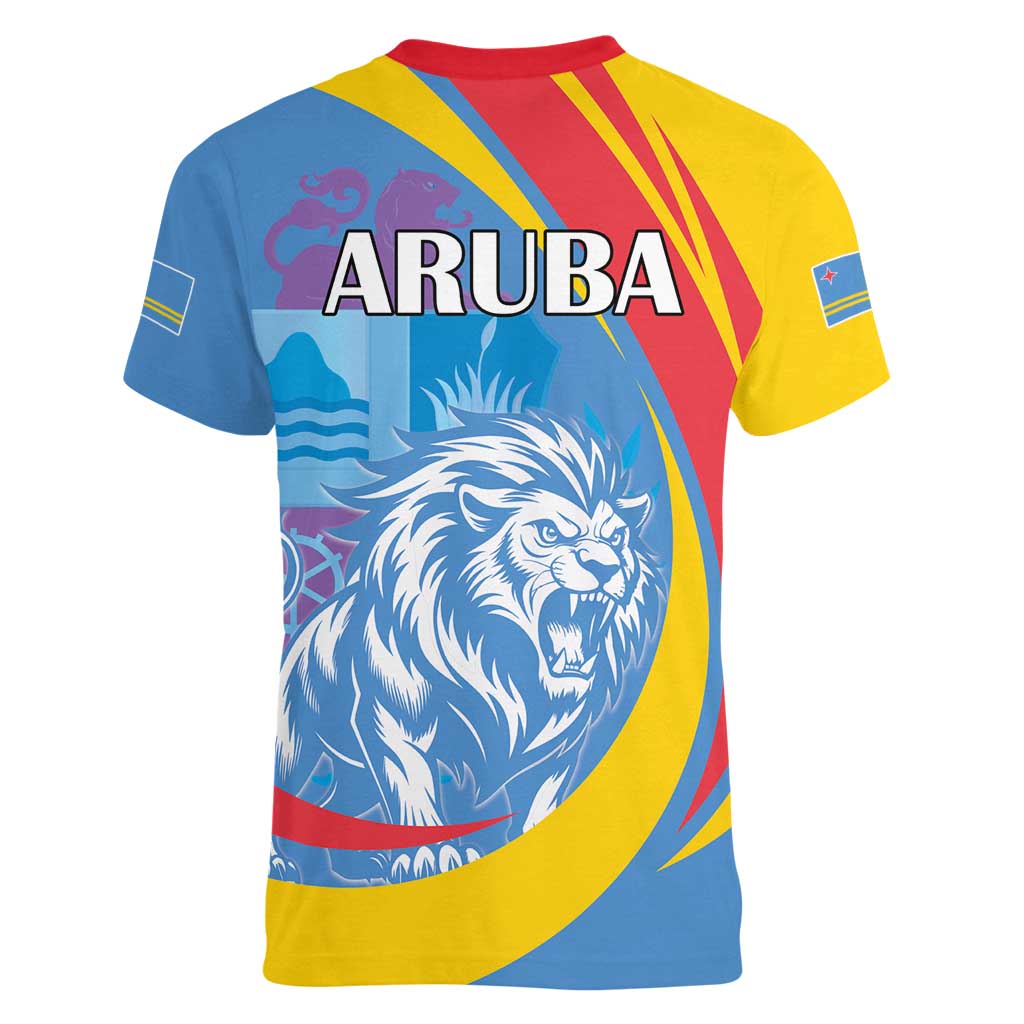 Aruba Lion Roaring Women V-Neck T-Shirt With Coat Of Arms - Wonder Print Shop