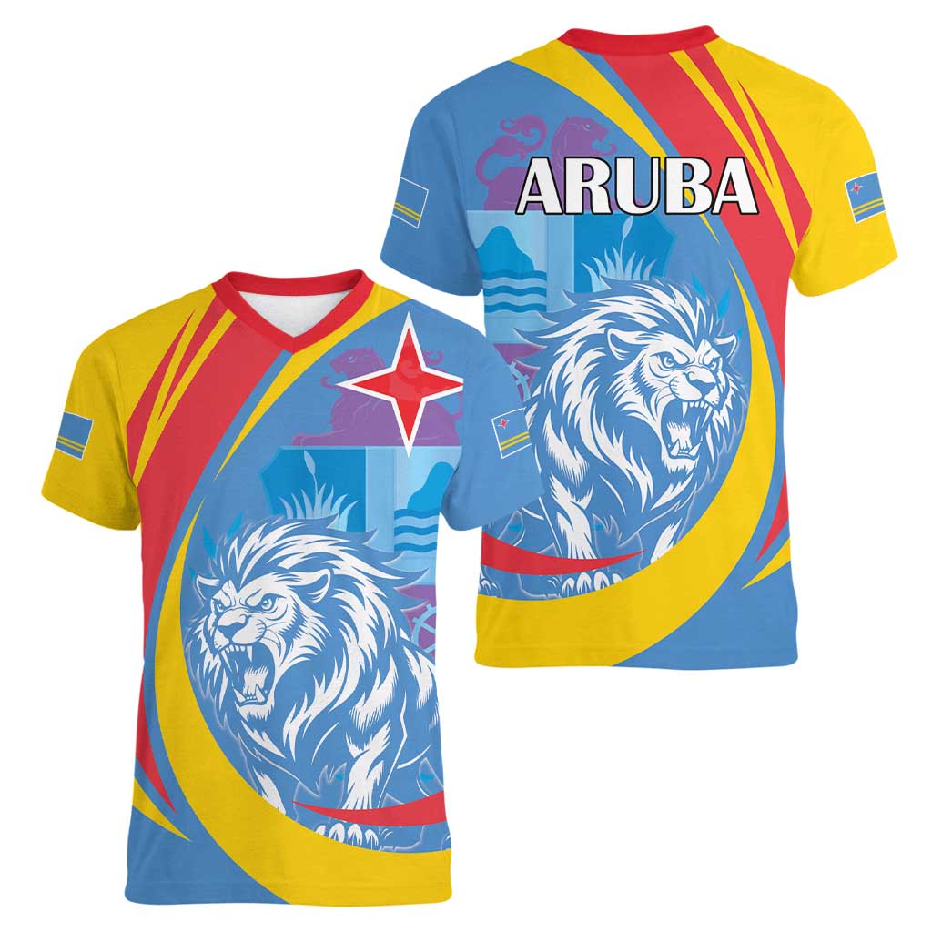 Aruba Lion Roaring Women V-Neck T-Shirt With Coat Of Arms - Wonder Print Shop