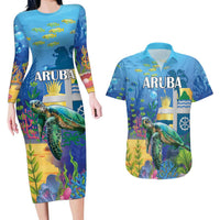 Aruba Sea Turtle Couples Matching Long Sleeve Bodycon Dress and Hawaiian Shirt Underwater Landscape - Wonder Print Shop