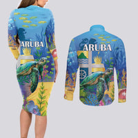 Aruba Sea Turtle Couples Matching Long Sleeve Bodycon Dress and Long Sleeve Button Shirt Underwater Landscape - Wonder Print Shop
