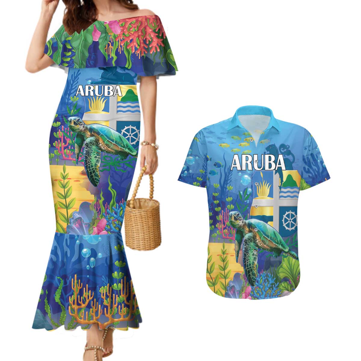 Aruba Sea Turtle Couples Matching Mermaid Dress and Hawaiian Shirt Underwater Landscape - Wonder Print Shop