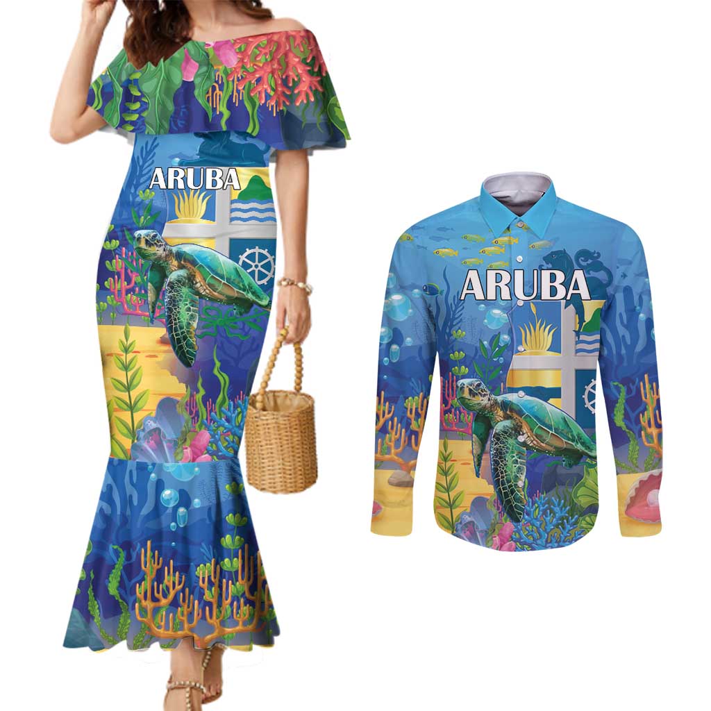 Aruba Sea Turtle Couples Matching Mermaid Dress and Long Sleeve Button Shirt Underwater Landscape