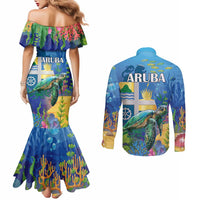 Aruba Sea Turtle Couples Matching Mermaid Dress and Long Sleeve Button Shirt Underwater Landscape