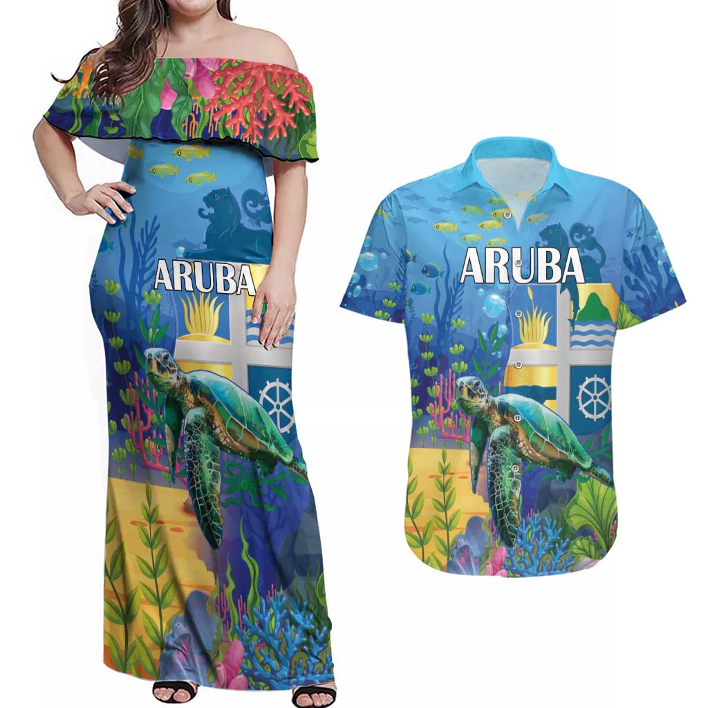 Aruba Sea Turtle Couples Matching Off Shoulder Maxi Dress and Hawaiian Shirt Underwater Landscape - Wonder Print Shop