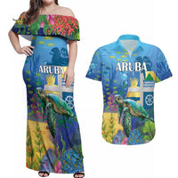 Aruba Sea Turtle Couples Matching Off Shoulder Maxi Dress and Hawaiian Shirt Underwater Landscape - Wonder Print Shop