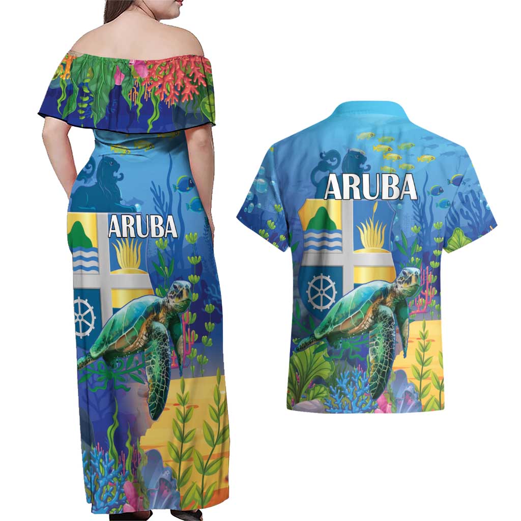 Aruba Sea Turtle Couples Matching Off Shoulder Maxi Dress and Hawaiian Shirt Underwater Landscape - Wonder Print Shop