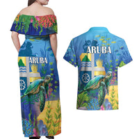Aruba Sea Turtle Couples Matching Off Shoulder Maxi Dress and Hawaiian Shirt Underwater Landscape - Wonder Print Shop